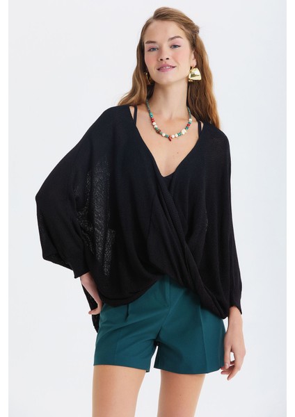 Oversize Bohem Triko Bluz Siyah