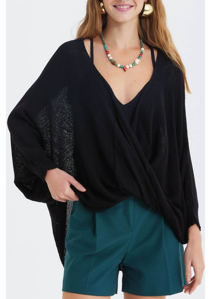 Oversize Bohem Triko Bluz Siyah