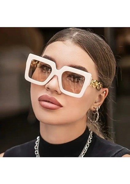 Kadın Büyük Kare Moda Gözlüğü Bej Renk