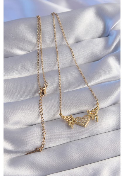 316L Çelik Zincir Gold Renk Zirkon Taşlı Kalp Model Kelebek Detay Kolye - TJ-BKO8773