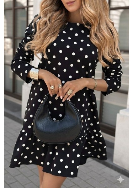 Kadın Uzun Kollu Bisiklet Yaka Fırfırlı Puantiyeli Kısa Modal Elbise fırsatları