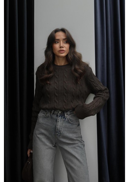 Acı Kahve Saç Örgülü Triko Kazak