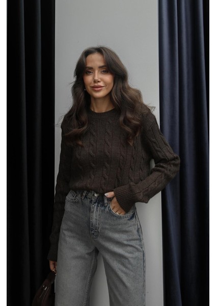 Acı Kahve Saç Örgülü Triko Kazak fiyatları