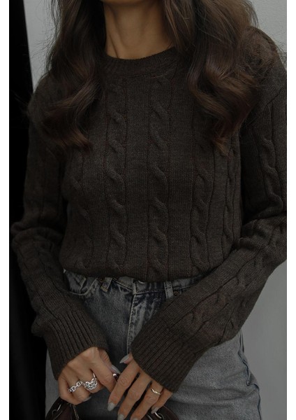 Acı Kahve Saç Örgülü Triko Kazak indirimleri