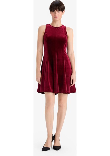 Bisiklet Yaka Kadife Kolsuz Mini Elbise G4358AX25AU