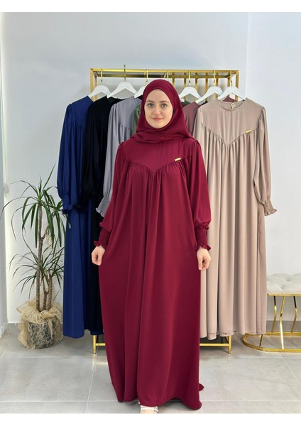 Tesettür Elbise,önü V Model Büzgülü,sufle Esarpla Takım.hijap ,khimar.hac Umre Için Uygundur Bordo