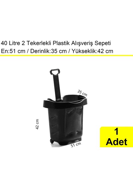 Tekerlekli Plastik Market Alışveriş El Sepeti 40 Litre Siyah 1 Adet