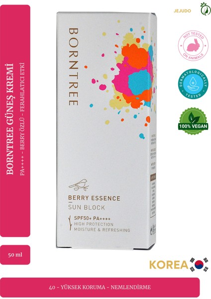 Borntree Berry Essence Sun Block SPF50+ Pa++++ 50 ml – Yüksek Koruma + Nemlendirici + Kore Güneş Kremi