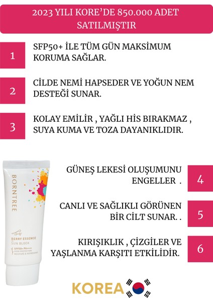 Borntree Berry Essence Sun Block SPF50+ Pa++++ 50 ml – Yüksek Koruma + Nemlendirici + Kore Güneş Kremi fiyatları