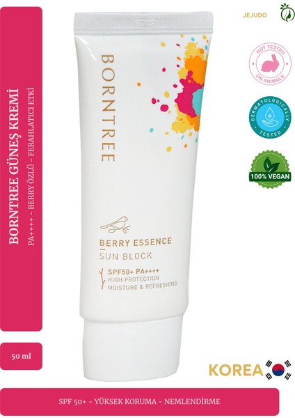 Borntree Berry Essence Sun Block SPF50+ Pa++++ 50 ml – Yüksek Koruma + Nemlendirici + Kore Güneş Kremi