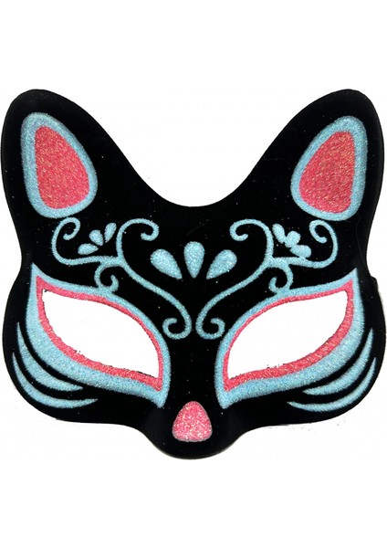Siyah Renk Üzeri Mavi Kırmızı Simli Süet Kaplama Kedi Maskesi 17x14 cm