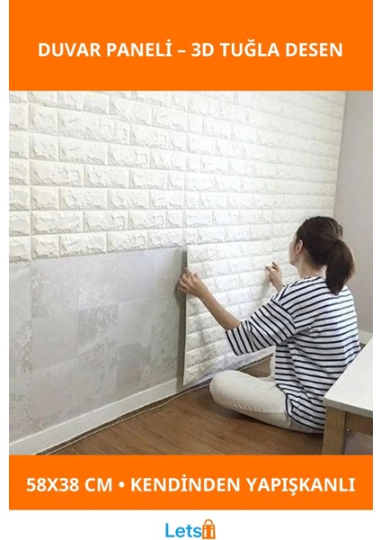 3D Tuğla Desenli Kendinden Yapışkanlı Duvar Paneli 58X38 cm