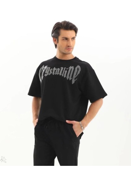 Unisex Oversize Taşlı T-Shirt - Siyah modelleri