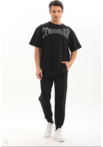 Unisex Oversize Taşlı T-Shirt - Siyah fırsatları
