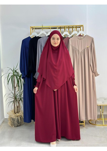Tesettür Elbise,önü V Model Büzgülü,sufle Esarpla Takım.hijap ,khimar.hac Umre Için Uygundur Bordo fiyatları