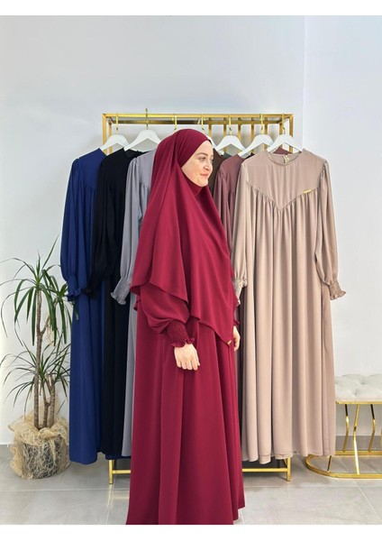 Tesettür Elbise,önü V Model Büzgülü,sufle Esarpla Takım.hijap ,khimar.hac Umre Için Uygundur Bordo modelleri