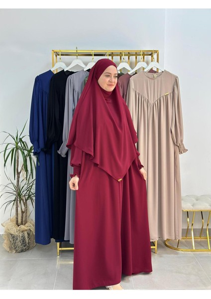Tesettür Elbise,önü V Model Büzgülü,sufle Esarpla Takım.hijap ,khimar.hac Umre Için Uygundur Bordo