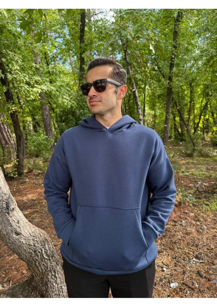 Erkek 3 Iplik Basic Oversize Kanguru Cepli Kapüşonlu Sweatshirt