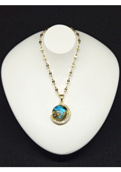 Zirkon Taşlı Galaksi Kolye Ay Yıldız Tasarımlı Altın Renk