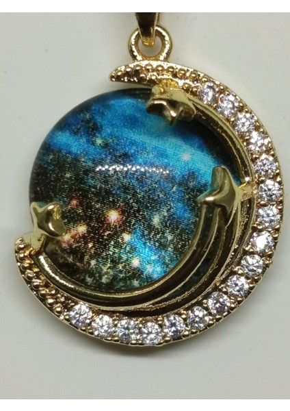 Zirkon Taşlı Galaksi Kolye Ay Yıldız Tasarımlı Altın Renk modelleri