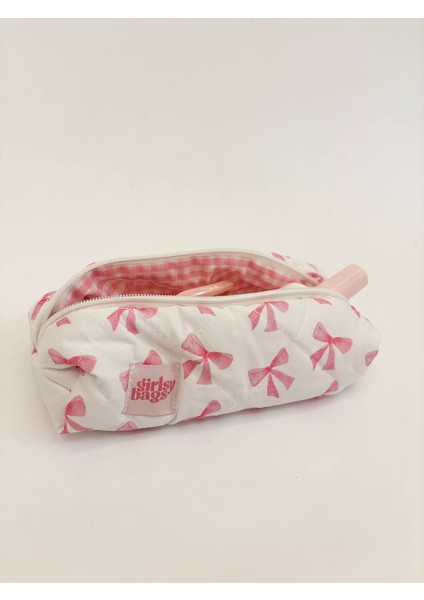 Pembe Kurdeleli Tek Gözlü Kalemlik Yıkanabilir Fermuarlı Okul Kalem Kutusu Coquette Kalemlik fırsatları