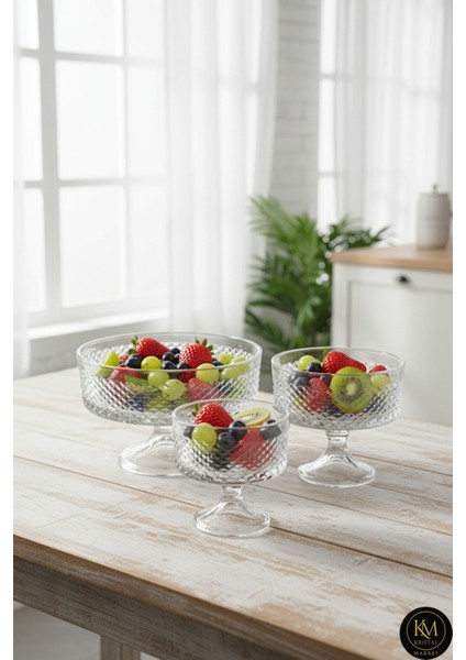 El Yapımı Kristal Karizma Desenli Şeffaf 25-19-16 cm Dekoratif Sunumluk Ayaklı Kase Set 3'lü