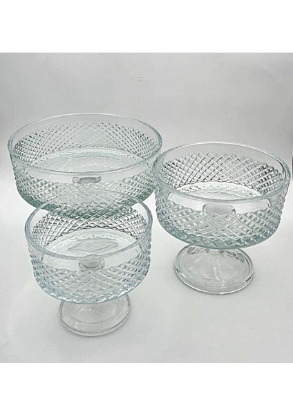 El Yapımı Kristal Karizma Desenli Şeffaf 25-19-16 cm Dekoratif Sunumluk Ayaklı Kase Set 3'lü fiyatları