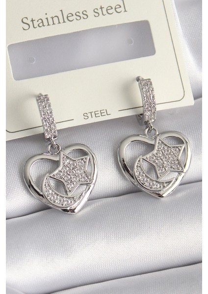 Pirinç Gümüş Renk Kalp Model Zirkon Taşlı Ay Yıldız İşlemeli Kadın Küpe - TJ-BKP9738