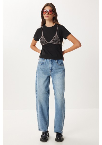 Yüksek Bel Balon Baggy Jean P0112 LRI0018 Orta Mavi fiyatları