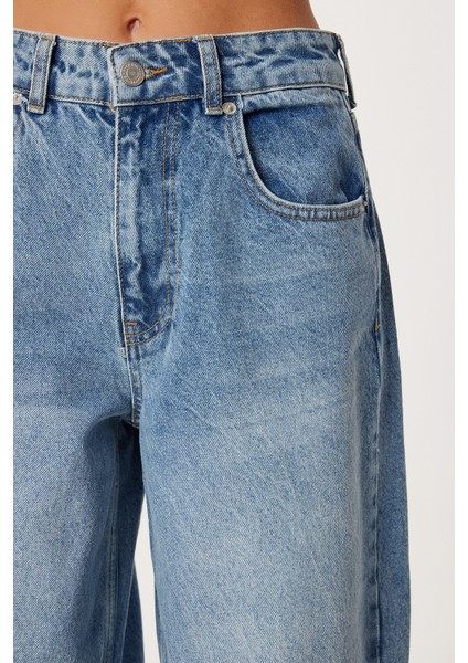 Yüksek Bel Balon Baggy Jean P0112 LRI0018 Orta Mavi fırsatları