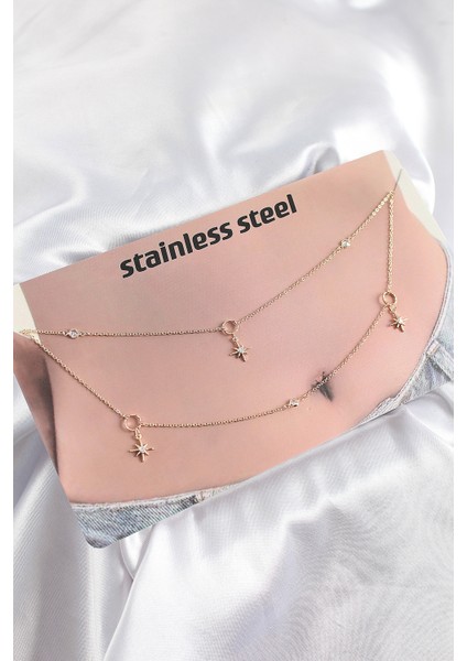 316L Çelik Zirkon Taşlı Kutup Yıldızı Model Gold Renk Göbek Bel Zinciri - Lisinya