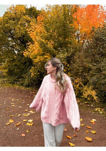 Pembe Bisiklet Yaka Örgü Desen Kadın Triko Kazak MG2601