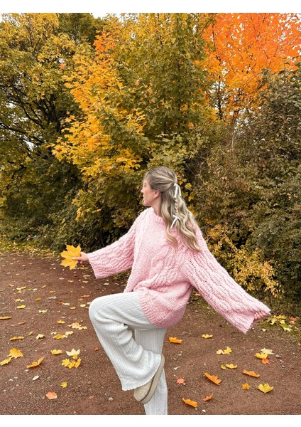 Pembe Bisiklet Yaka Örgü Desen Kadın Triko Kazak MG2601 modelleri