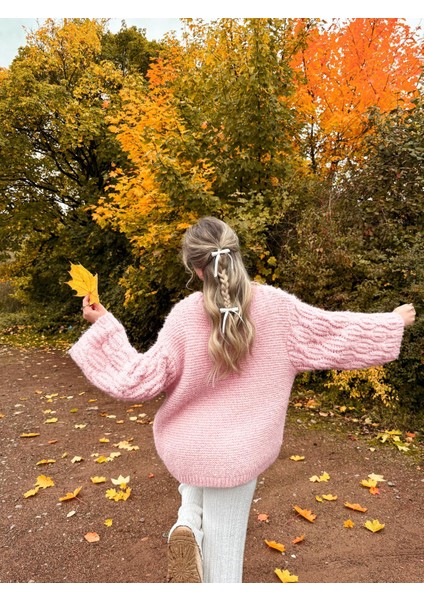 Pembe Bisiklet Yaka Örgü Desen Kadın Triko Kazak MG2601 fırsatları