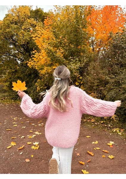 Pembe Bisiklet Yaka Örgü Desen Kadın Triko Kazak MG2601 indirimleri