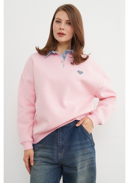 3 Iplik Kalp Nakışlı Polo Yaka Denim Detaylı Sweatshirt