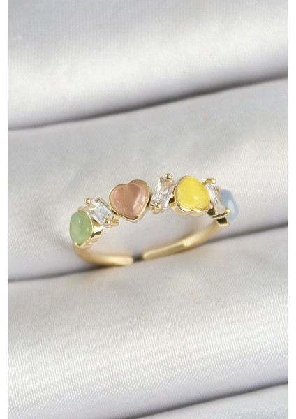 Pirinç Sıralı Kalp Figürlü Zirkon Taşlı Gold Renk Ayarlanabilir Kadın Yüzük - TJ-BYK3754