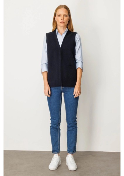 Kadın V Yaka Çelik Örgü Yün Anne Yelek 25044 Koyu Lacivert fiyatları