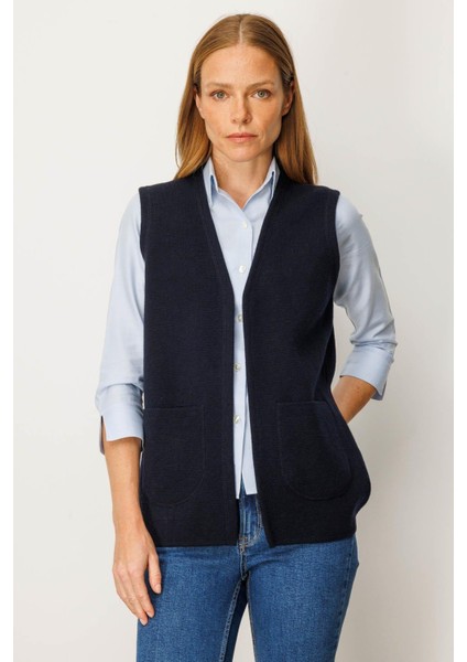 Kadın V Yaka Çelik Örgü Yün Anne Yelek 25044 Koyu Lacivert modelleri
