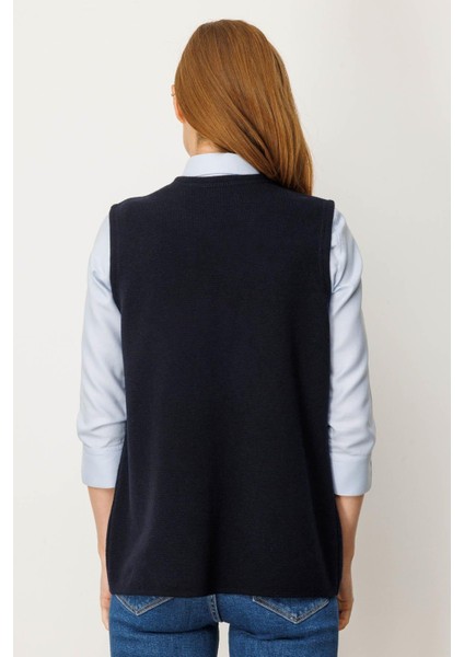 Kadın V Yaka Çelik Örgü Yün Anne Yelek 25044 Koyu Lacivert fırsatları