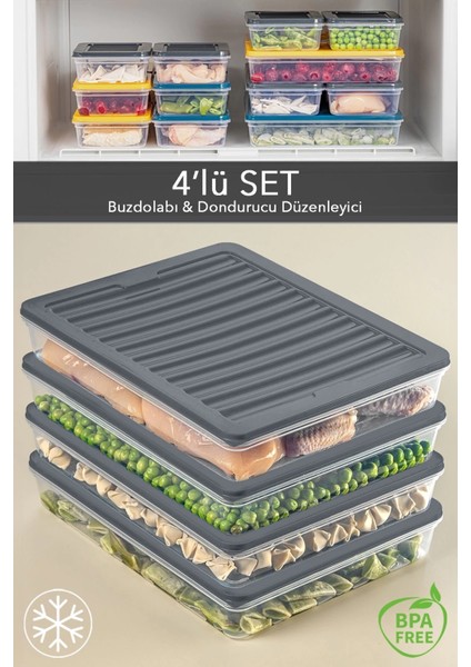 4'lü Buzdolabı Organizer Mikrodalga ve Difrize Uygun Saklama Kabı Antrasit 4 x 2400 ml
