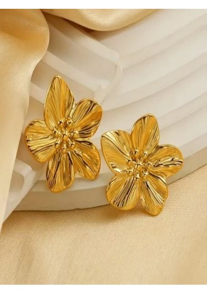 Vintage Tarzı Altın Rengi 3,6 cm Büyük Boy Çiçek Küpe-Altın Kaplama