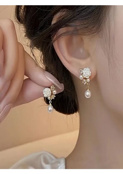 Kc Altın Kaplama Çiçekli İnci Küpe