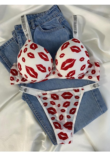 Kadın Öpücük Baskılı Taşlı Balenli Destekli Dolgulu Push Up Sütyen Takımı Iç Çamaşırı Takımı