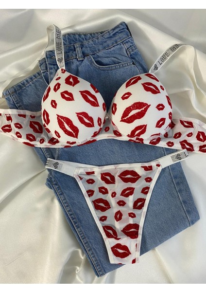 Kadın Öpücük Baskılı Taşlı Balenli Destekli Dolgulu Push Up Sütyen Takımı Iç Çamaşırı Takımı fiyatları