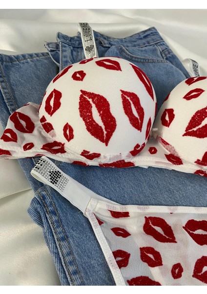 Kadın Öpücük Baskılı Taşlı Balenli Destekli Dolgulu Push Up Sütyen Takımı Iç Çamaşırı Takımı modelleri