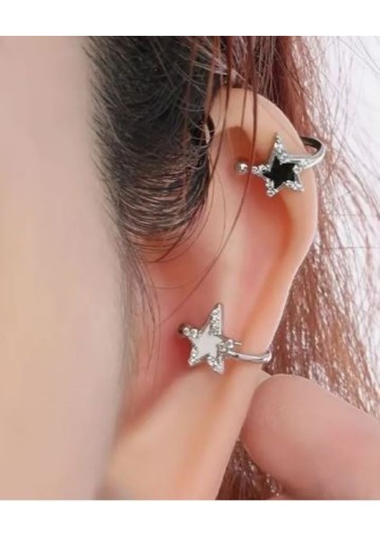 Siyah ve Beyaz Yıldız Tragus Küpe Seti