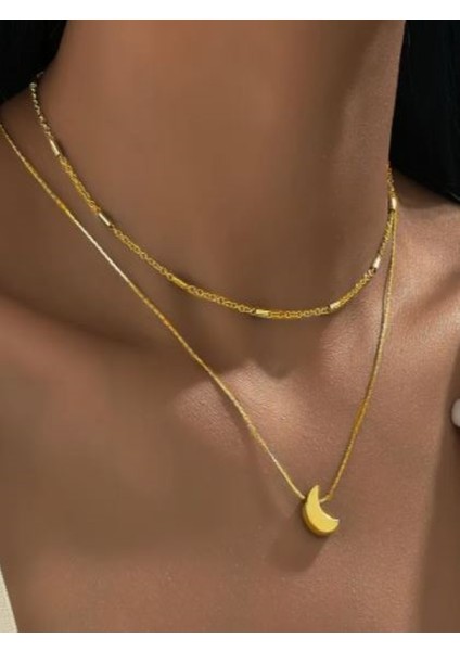 Altın Rengi 2 Sıralı Hilal Kolye-18K Altın Kaplama