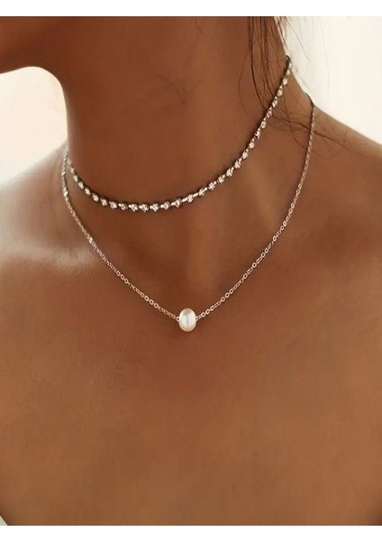 Gümüş Rengi İncili ve Taşlı 2 Sıralı Kolye