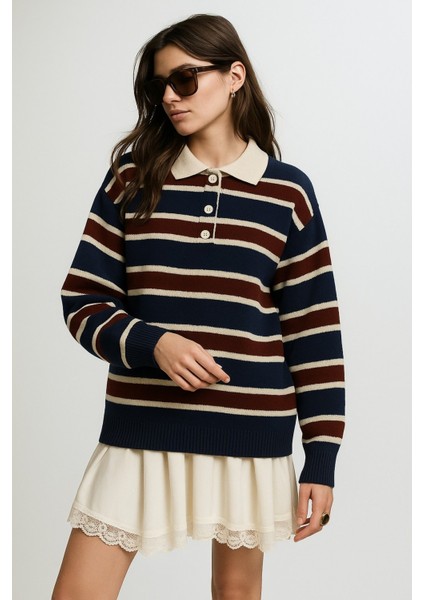 Polo Yaka Çizgili Oversize Triko Kazak fiyatları